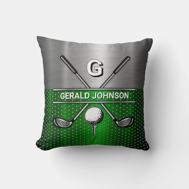 Golf Monogram Metallic Green und Silver Kissen (Vorderseite)