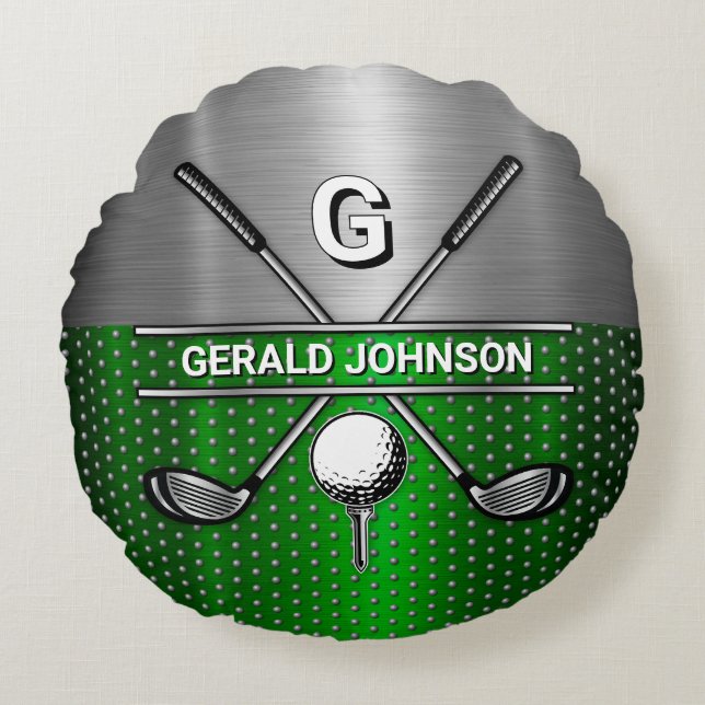 Golf Monogram Metallic Green und Silver Rundes Kissen (Vorderseite)