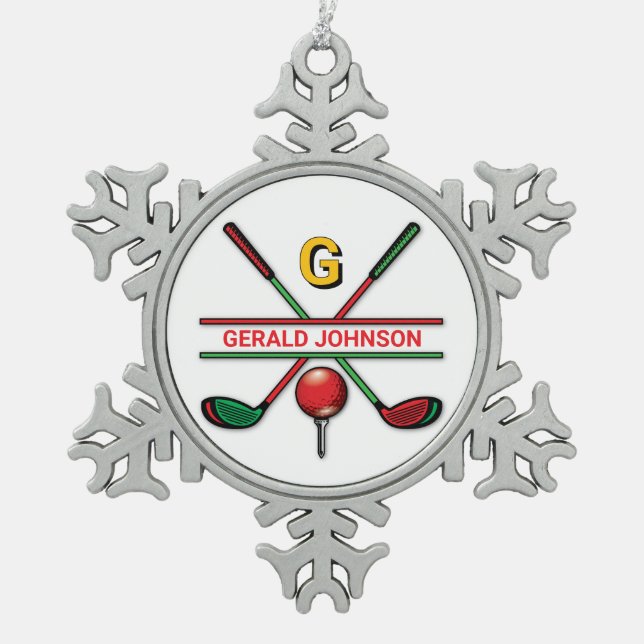 Golf Monogram Metallic Green und Silver Schneeflocken Zinn-Ornament (Vorderseite)