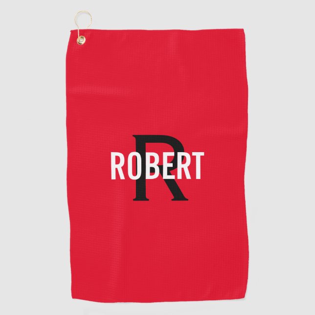 Golf Monogramme moderne rouge noir nom serviette de gol (Devant)