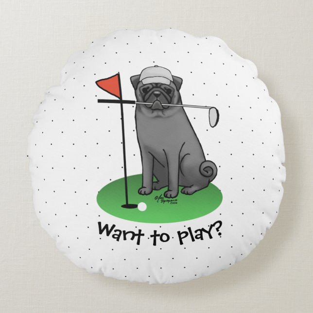 Golf Mops Golf spielen (schwarz) Niedlicher Hund F Rundes Kissen (Vorderseite)
