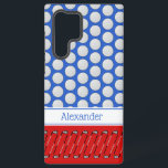 Golf-Motivmuster individuelle Name rot Samsung Galaxy Hülle<br><div class="desc">Golfbälle erzeugen ein helles Polka Punktmuster auf blauem Hintergrund auf diesem Handy. Es gibt auch eine weiße Band mit blauen Streifen für Sie zu personalisieren mit einem Namen oder anderen Text. Ein weiteres golfthematisches Muster wird mit Golfklubs auf rotem Hintergrund erstellt.</div>