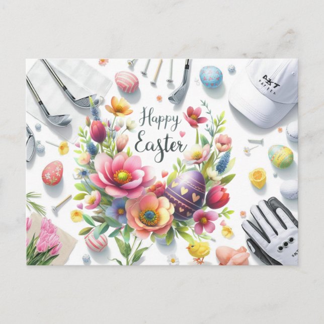 Golf Ostern mit Golf Equipment mit Blume Postkarte (Vorderseite)