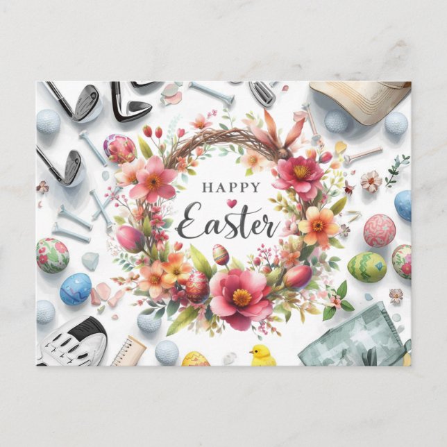 Golf Ostern mit Golf Equipment mit Blume Postkarte (Vorderseite)