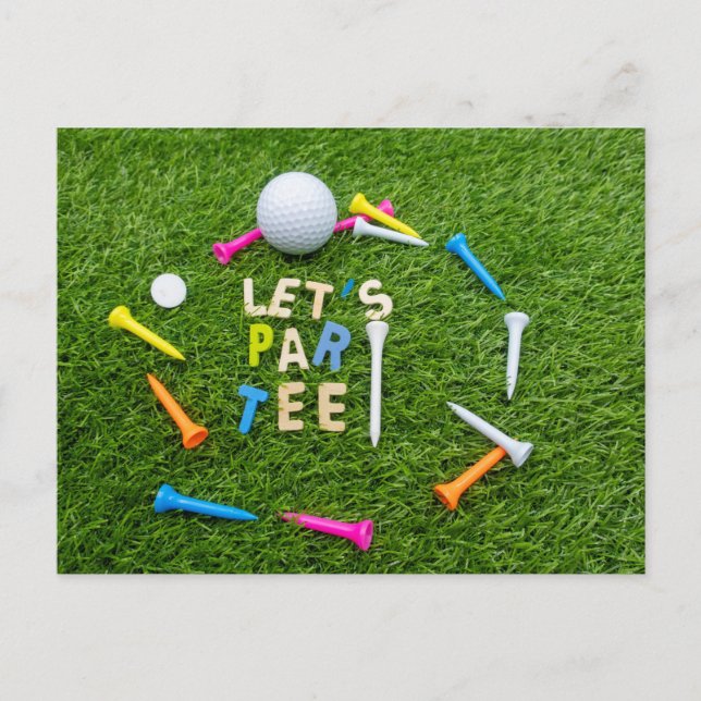 Golf Par Tee Party mit golfbunten T-Shirts Postkarte (Vorderseite)