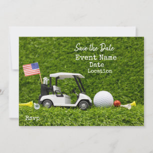 Golf Party mit Golfwagen und Flagge Amerikas Save The Date