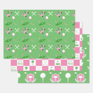 Golf Party Wrapping Paper-3 Sheet Set Pink / Green Geschenkpapier Set