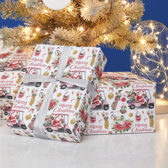 Golf Pink Cart Christmas themed for Lady Golfer Geschenkpapier (Feiertage)
