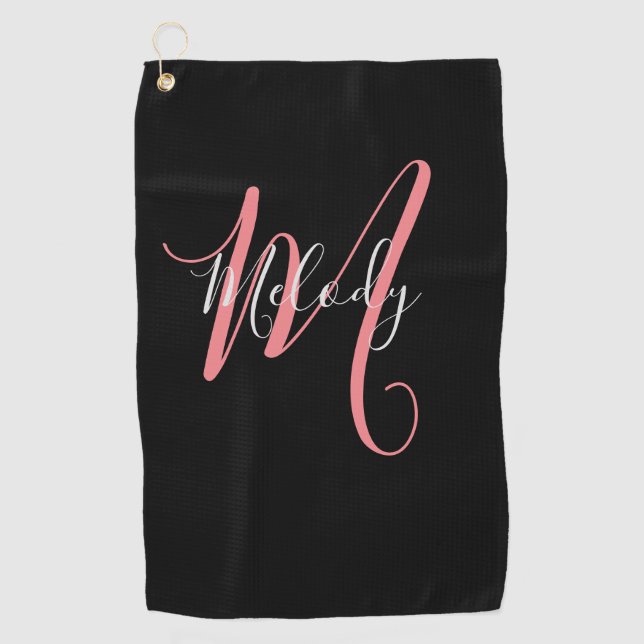 Golf Pink Monogram mit weißer Schrift auf schwarz Golfhandtuch (Vorderseite)