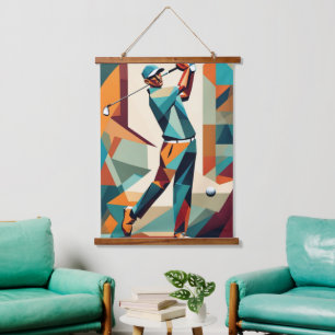 Golf Player Cubist Wall Tapestry Wandteppich Mit Holzrahmen