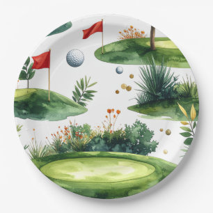 Golf Putting Green mit roter Flagge Pappteller
