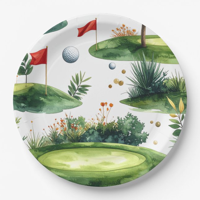 Golf Putting Green mit roter Flagge Pappteller (Vorderseite)