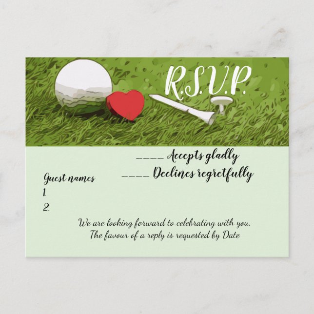 Golf R.S.V.P Hochzeitseinladung mit Golfball Postkarte (Vorderseite)