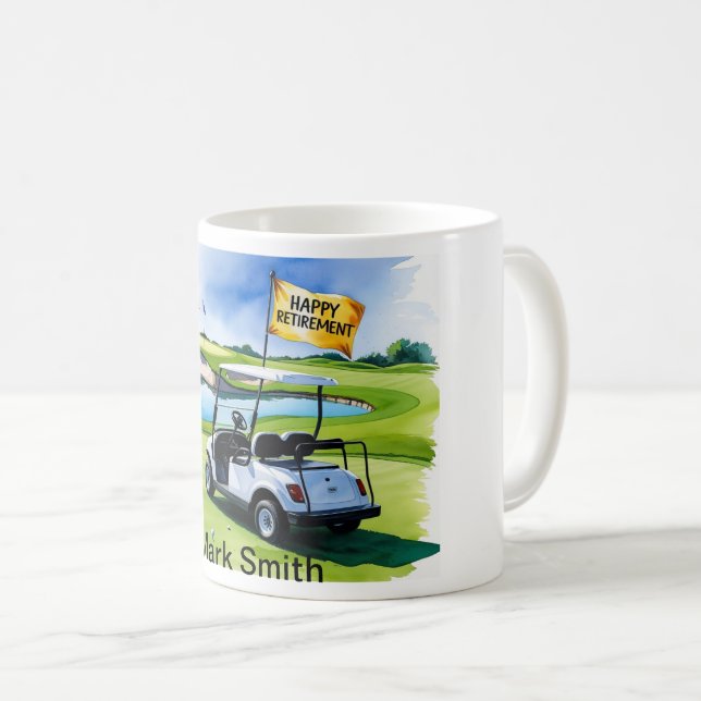 Golf-Rente mit Golfwagen auf grüne Kaffeetasse (VorderseiteRechts)