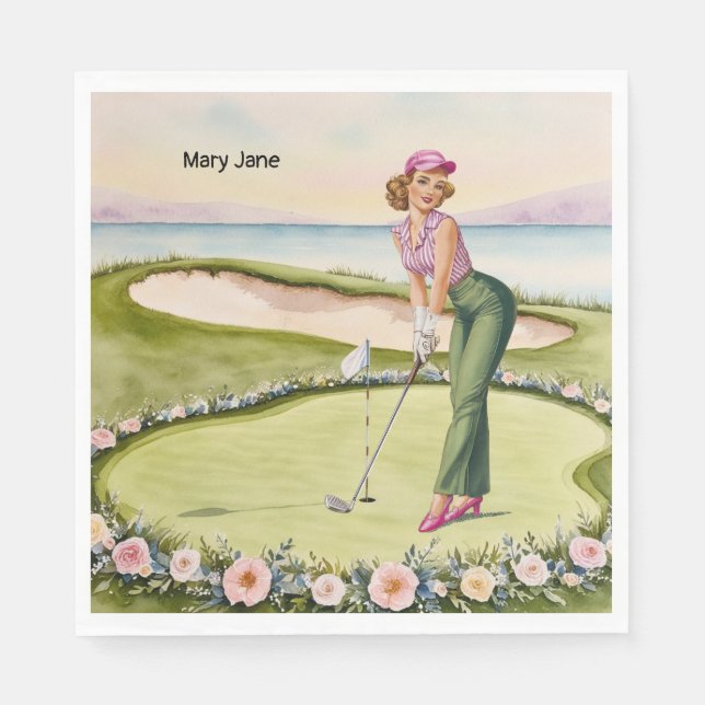 Golf  Retro Golf Chic: Woman Golfer at the Green Serviette (Vorderseite)