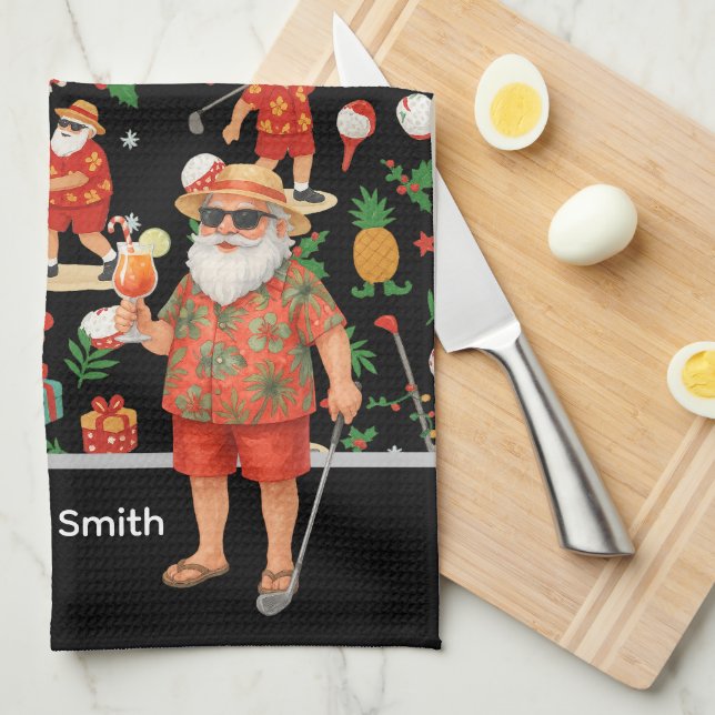 Golf Santa Claus Golfen Sommer Hawaiian Thema Geschirrtuch (Viertel Falte)