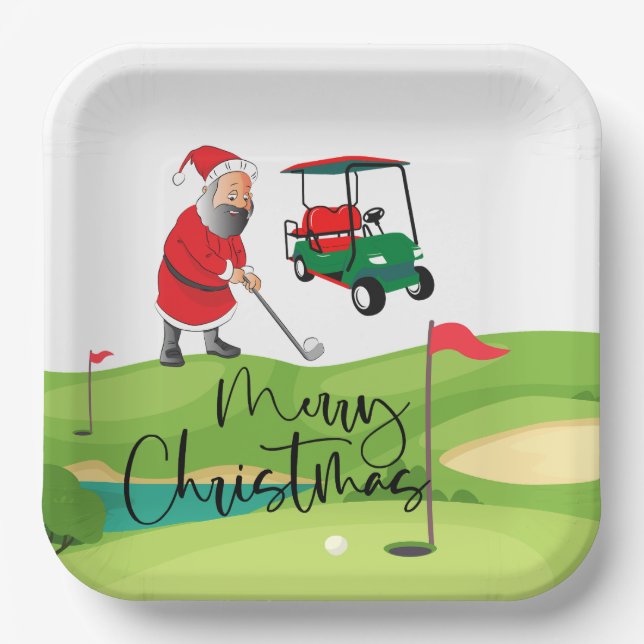 Golf Santa Claus Golfer Frohe Weihnachten auf Grün Pappteller (Vorderseite)