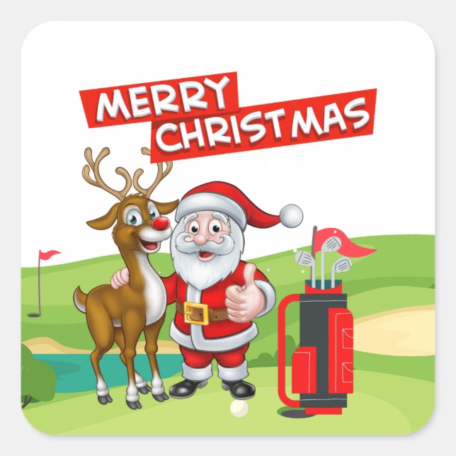 Golf Santa Claus Golfer Frohe Weihnachten auf Grün Quadratischer Aufkleber (Vorderseite)