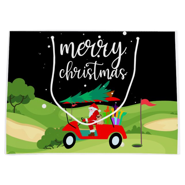 Golf Santa Claus reiten roten Karren Weihnachtsbau Große Geschenktüte (Vorderseite)