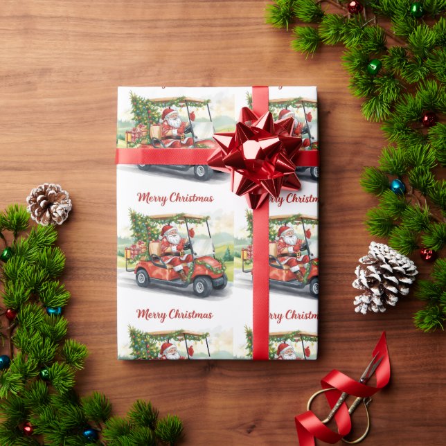 Golf Santa Claus ride red cart Christmas Tree  Geschenkpapier (Feiertagsgeschenk)