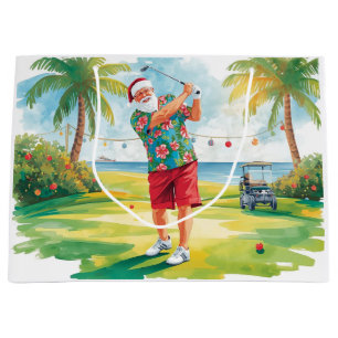 Golf Santa Claus spielt Golf am Strand Große Geschenktüte