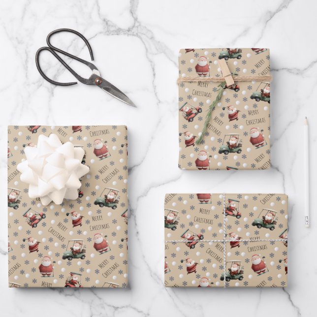 Golf Santa on Light Tan Geschenkpapier Set (Vorderseite)