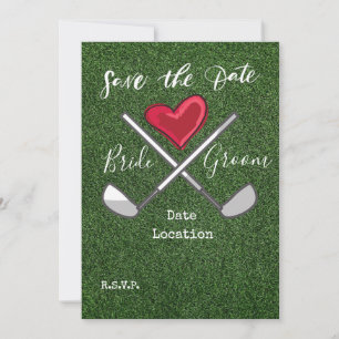 Golf Save the Date Braun und Bräutigam auf Grün Einladung