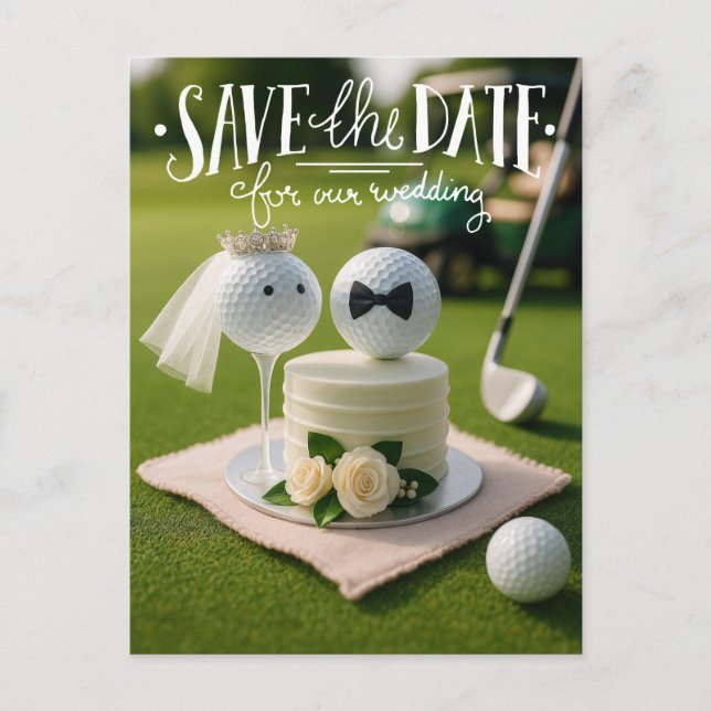 Golf Save the Date für unsere Hochzeit mit Golfbäl Postkarte (Vorderseite)