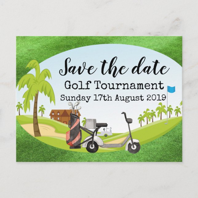 Golf Save the Date Golf Turnier mit Blick auf Golf Ankündigungspostkarte (Vorderseite)