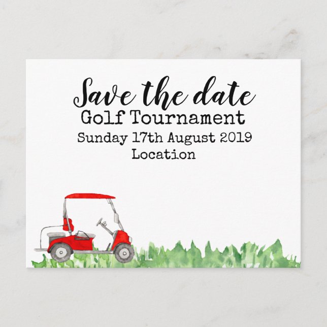Golf Save the Date Golf Turnier mit Golfwagen Ankündigungspostkarte (Vorderseite)