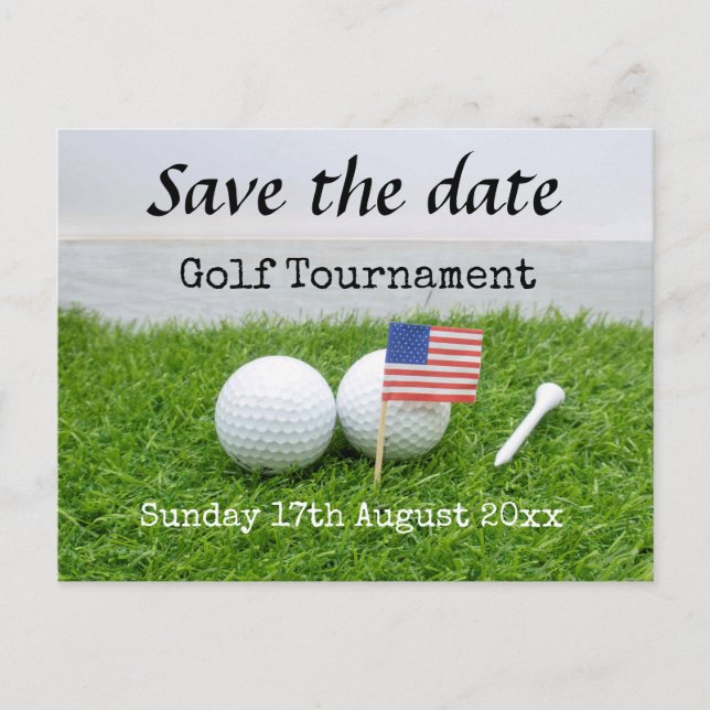 Golf Save the Date Golf Turnier mit U.S.A.Flag Ankündigungspostkarte (Vorderseite)