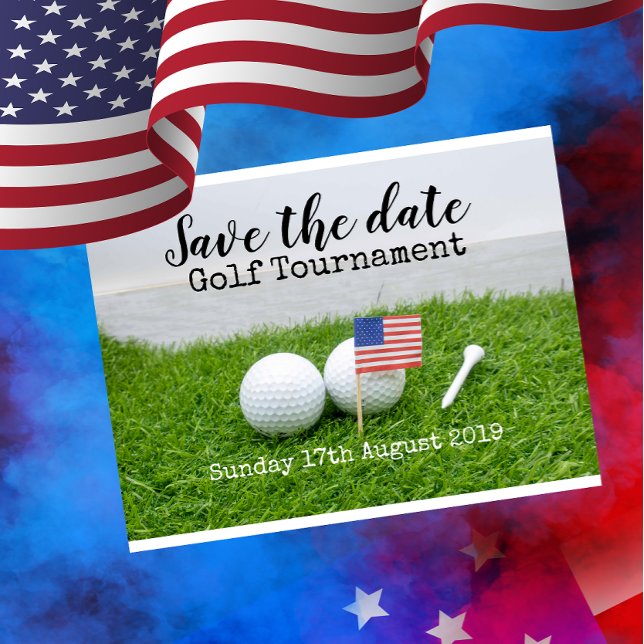 Golf Save the Date Golf Turnier mit U.S.A.Flag Ankündigungspostkarte (Von Creator hochgeladen)
