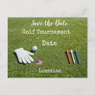 Golf Save the Date mit Golfball und amerikanischer Postkarte