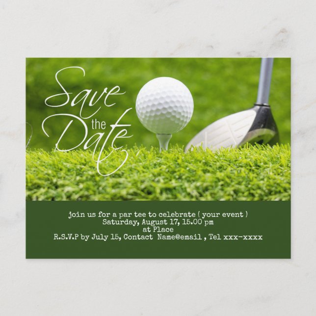 Golf Save the Date mit Golfball und Club Postkarte (Vorderseite)