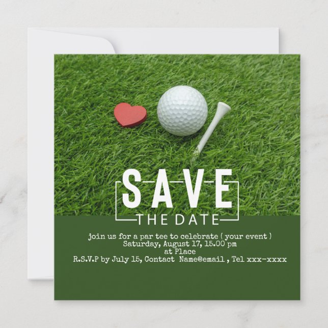 Golf Save the Date mit Golfball und Rotem Herz Einladung (Vorderseite)