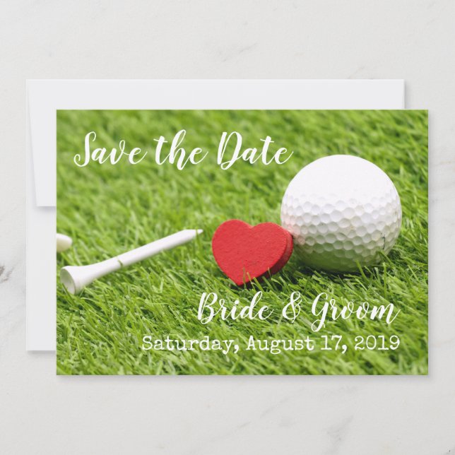 Golf Save the Date mit Golfball und Tee & Liebe (Vorderseite)