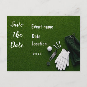 Golf Save the Date mit Golfbällen auf grünem Gras Postkarte