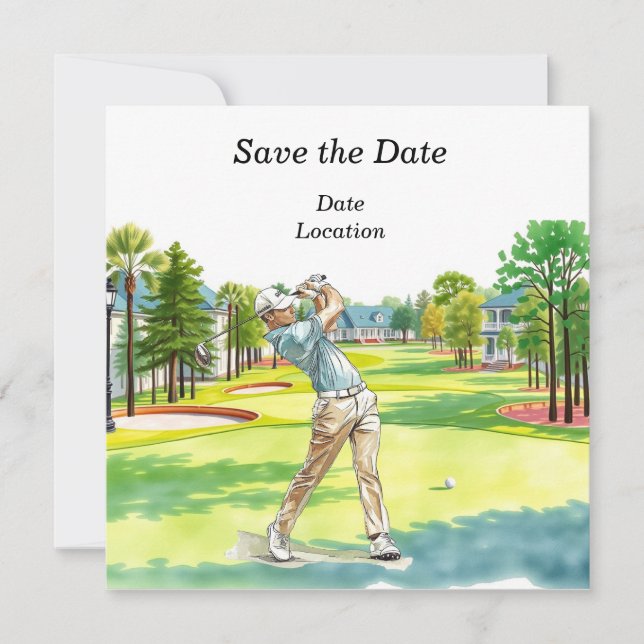 Golf Save the Date Party mit Golfer Einladung (Vorderseite)
