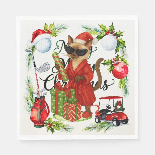 Golf Siamese Katze Weihnachten Gedicht für Golfer Serviette (Vorderseite)