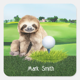 Golf Sloth Golfer auf grünem Gras Quadratischer Aufkleber