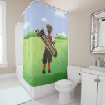 Golf Spaß Golfer Duschvorhang<br><div class="desc">Ein lustiges Cartoon-Design mit einem Golfer in Vintager Kleidung stehend in der rauen Blick auf das Grün und Fahne. Der Golfer trägt eine Golftasche mit Golfklubs</div>