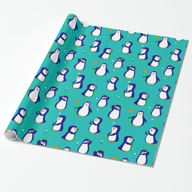 Golf spielende Pinguine auf Blau Geschenkpapier (Ungerollt)