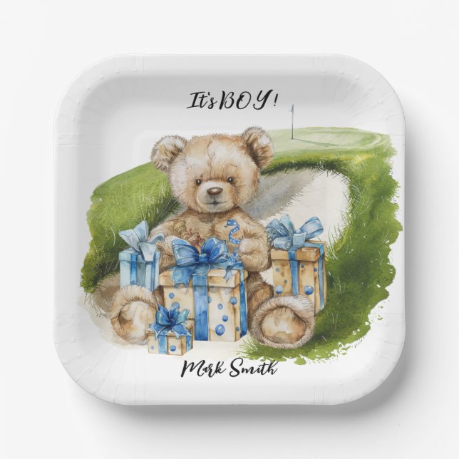 Golf Teddy Bear It's Boy for Baby Shower Pappteller (Vorderseite)