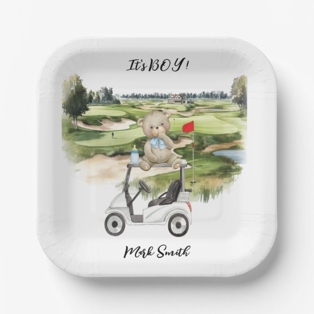 Golf Teddy Bear It's Boy for Baby Shower Pappteller (Vorderseite)