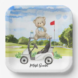 Golf-Teddybär auf Golfwagen für Baby-Golfer Pappteller