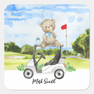 Golf-Teddybär auf Golfwagen für Baby-Golfer Quadratischer Aufkleber