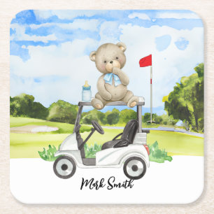 Golf-Teddybär auf Golfwagen für Baby-Golfer Rechteckiger Pappuntersetzer