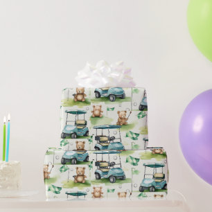 Golf-Teddybär mit Golfwagen auf Grün Geschenkpapier