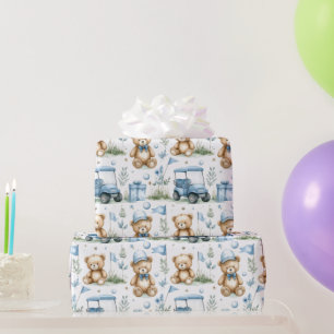 Golf-Teddybär mit Golfwagen auf Grün Geschenkpapier