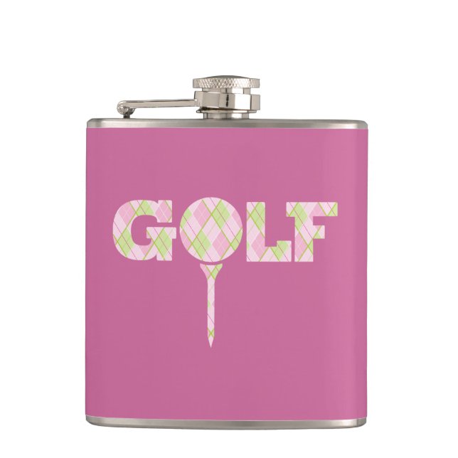 Golf Tee Logo Raute Rosa Damen karierter Name Flachmann (Vorderseite)